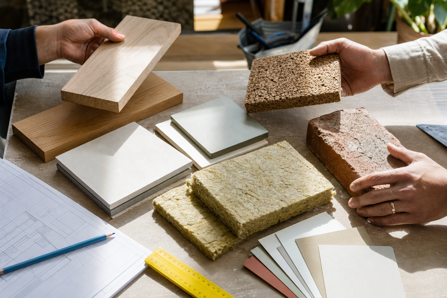 Verschillende isolatieplaten en rollen naast een houten regelwerk op een werktafel