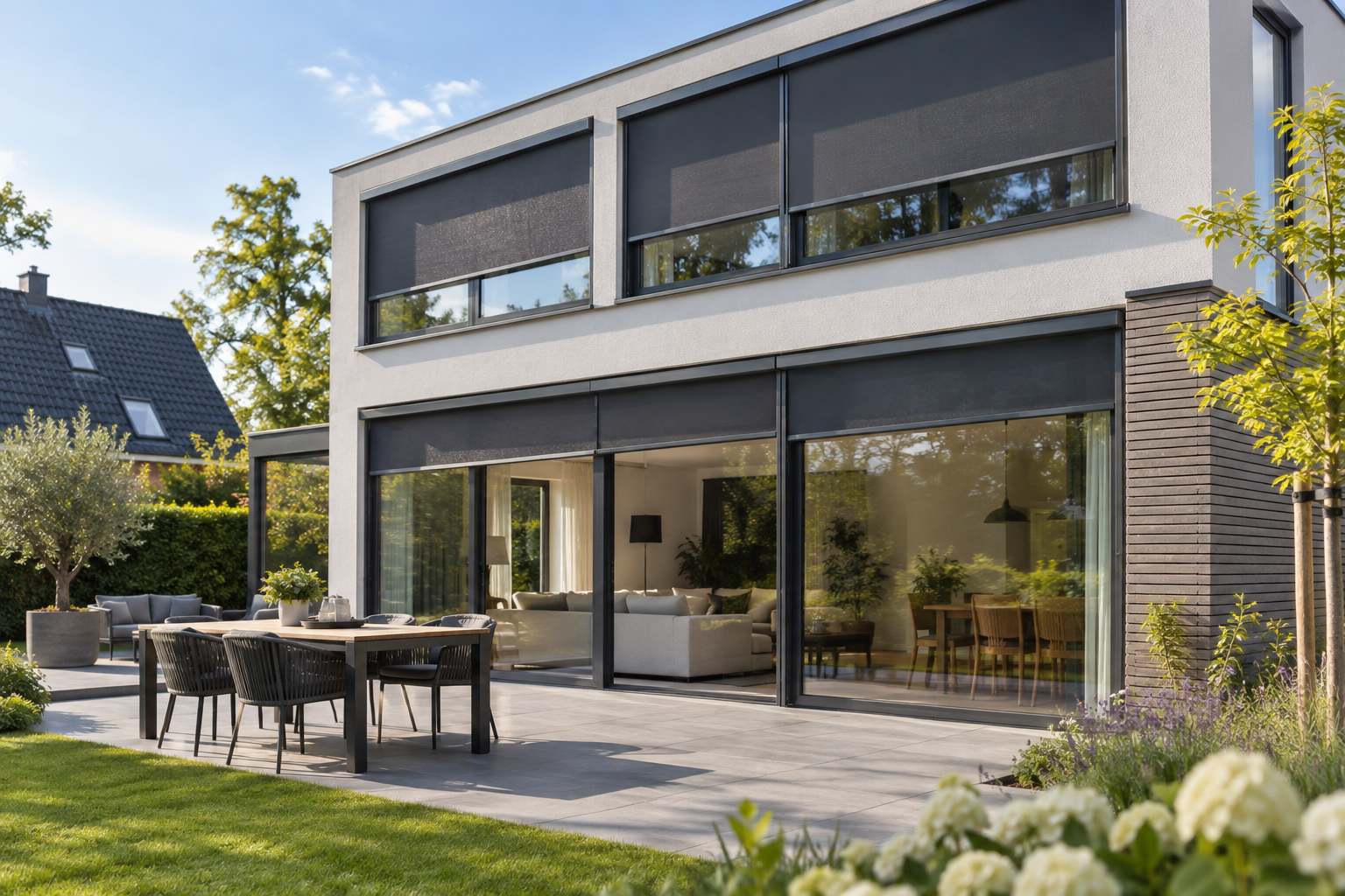 Illustratie: brede glasgevel met afzonderlijke screens